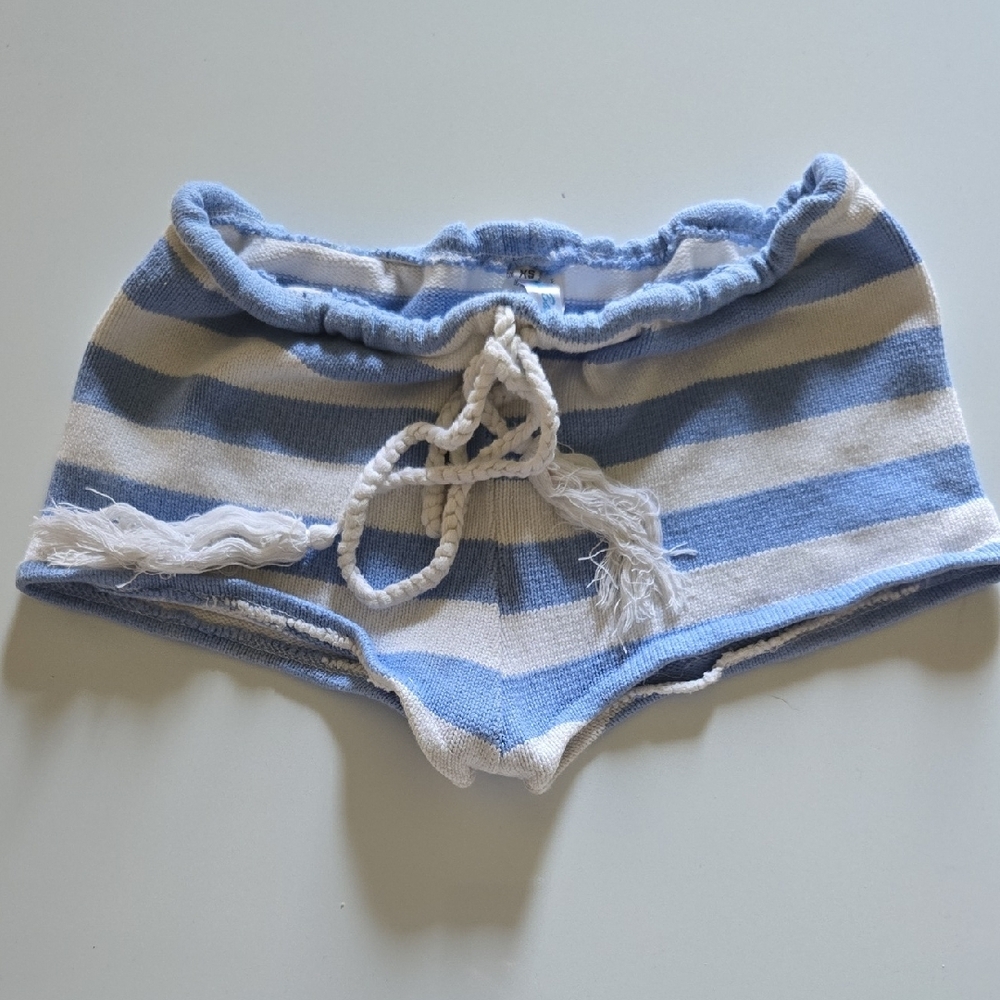 Blue and White Striped Shorts with Elastic Waistband